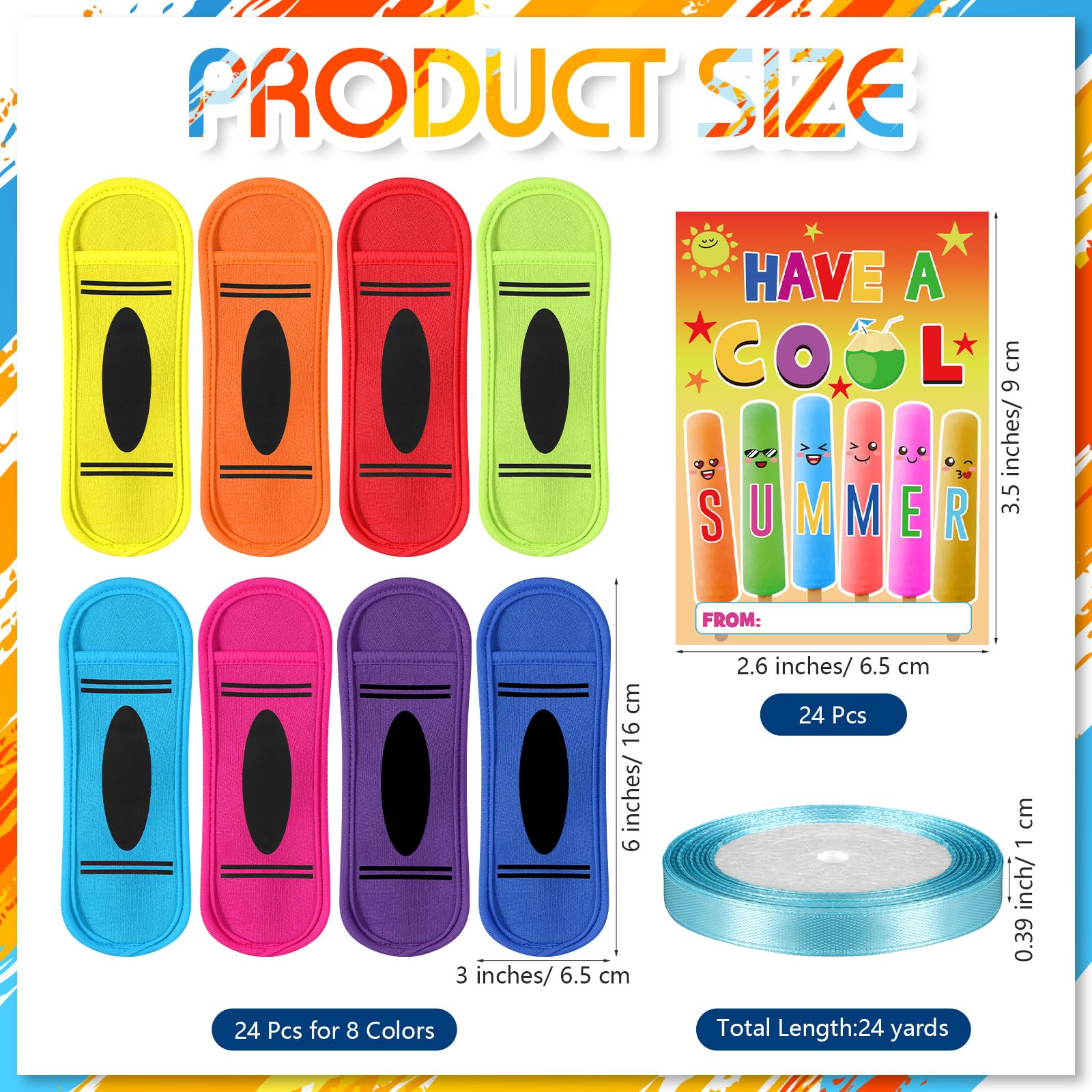 24/30 Pack End of School Year Gifts Reusable Ice Pop Sleeves with Gift Cards & Ribbon, Multicolor Washable Neoprene Popsicle Holders for Students, Classroom Prizes, Summer Favors