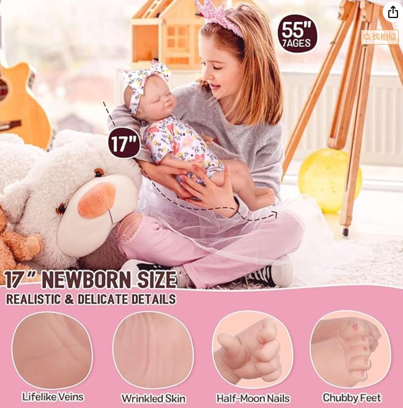 BABESIDE Lifelike Reborn Baby Dolls 17-Inch Full Vinyl Sleeping Doll Skylar Soft Poseable Flexible Doll for Kids Age 3+