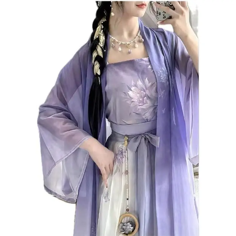 Women's Traditional Hanfu Costume Set, 3-Piece Vintage Song Dynasty Outfit in Soft Gradient Polyester, Includes Wide Sleeve Cardigan and Wrap Skirt for Party, Square Neck, Holiday, Belt, Camisole, Classic, Cold Wash, Clothes, Jacket, Elegant, Dress
