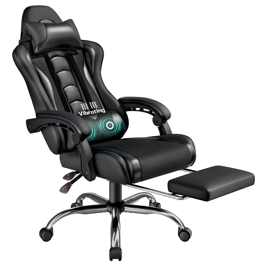 【Back To School】Costoffs Ergonomic Gaming Chair with Massage Lumbar Support, Retractable Footrest & Headrest – PU Leather Reclining Office Chair, Swivel Rolling Desk Chair for Tall Gamers