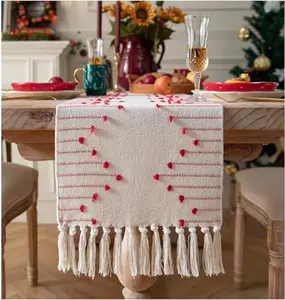 Valentines Table Runner 13 x 72 Inch Long Natural Cotton Woven Runner with Tassels for Home Dining Valentine's Day Decorations, for Modern Farmhouse Holiday Boho Red Table Runner