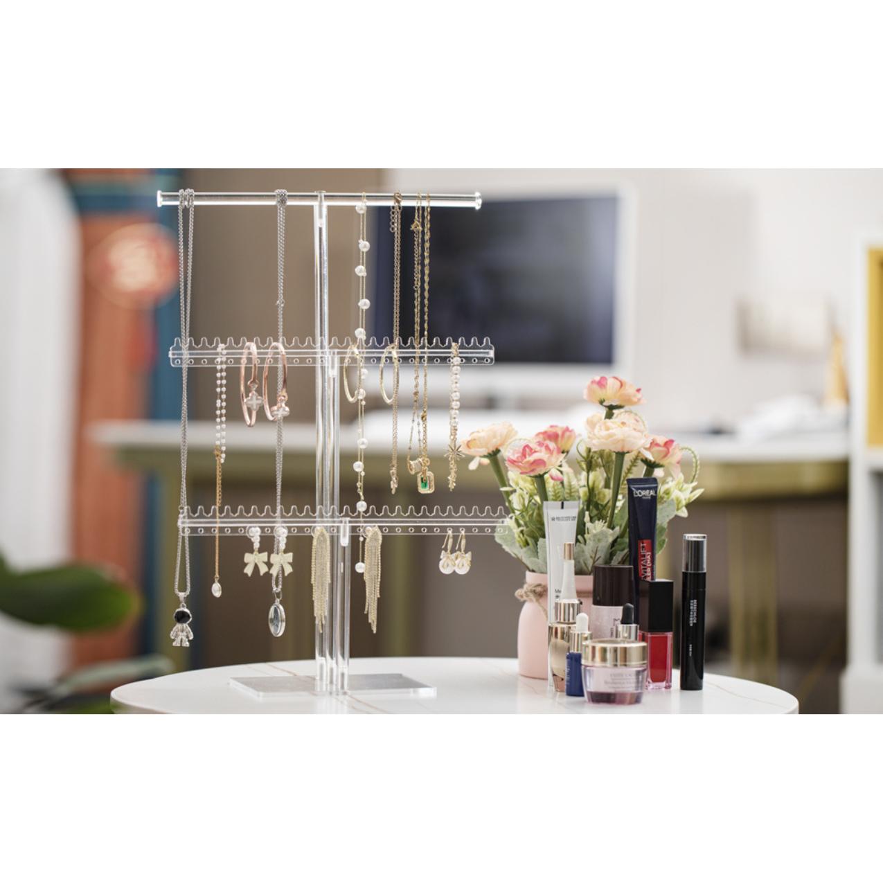 Premium Jewelry Stand, Earring Holder, Necklace Holder Stand, Clear 3-Tier Acrylic Large Storage Jewelry Organizer Stand & Bracelet/Bangles Stand, 48 Earring Holes Display Stands