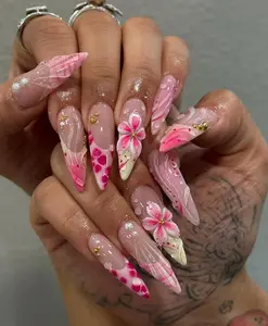 Pink Floral Press On Nails with 3D Flower Art, Glossy Long Stiletto Nails, Luxury Floral Nail Art for Spring, Summer nails
