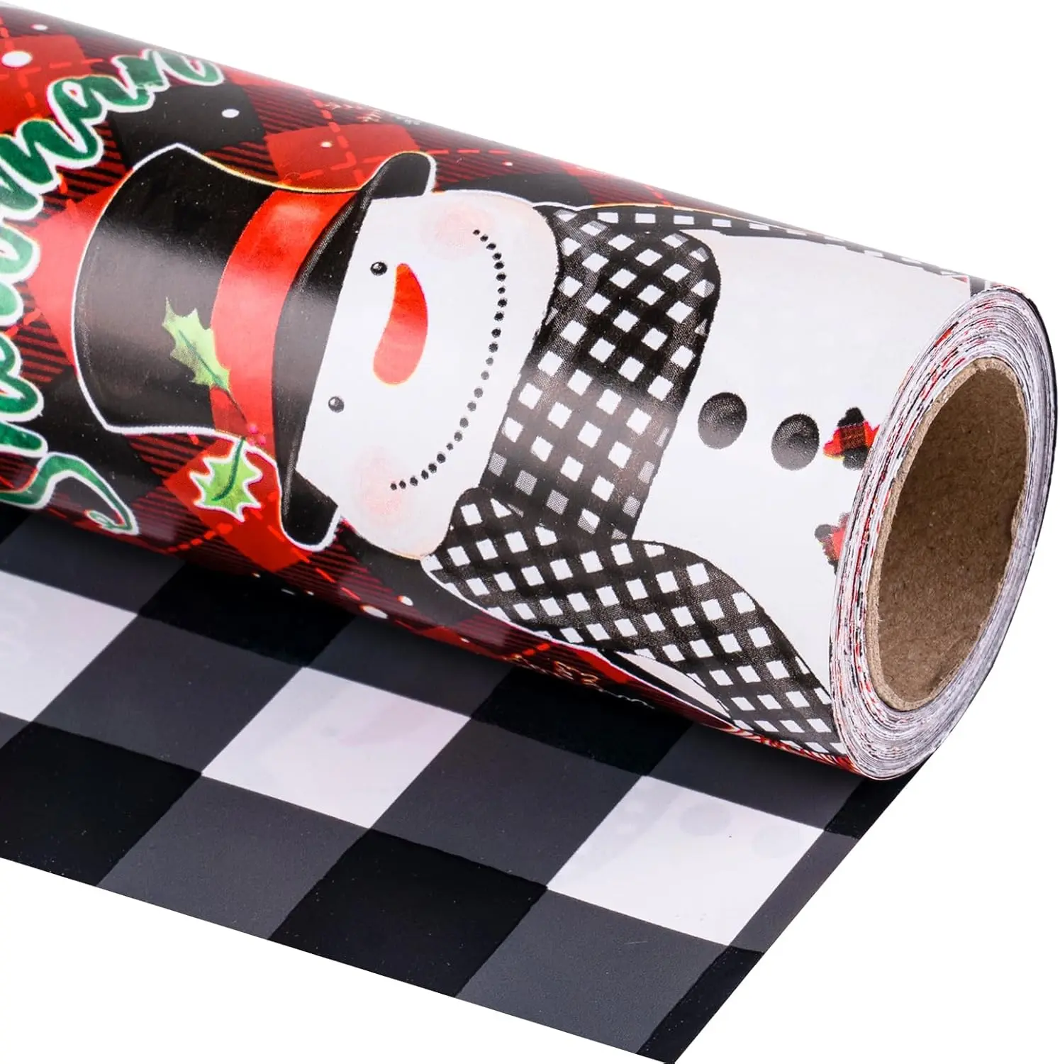 Reversible Wrapping Paper Mini Roll (17in x 32.8ft) - Double-Sided Festive Snowman & Black-White Buffalo Plaid Design, Eco-Conscious Office Stationery for Teacher Gifts, Holiday Party Hosts, Christmas Presents, Classroom