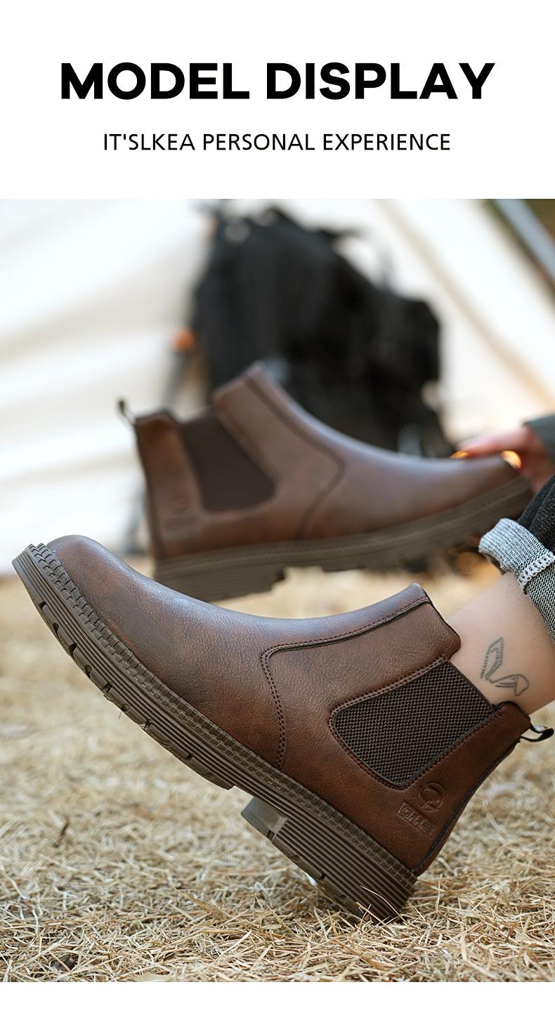 Men's steel-toe sports non-slip work shoes, high-top leather safety boots, have protective functions like anti-smashing and anti-piercing. They are footwear products, Fathersdaygift Boy Closed Bathroom Brown