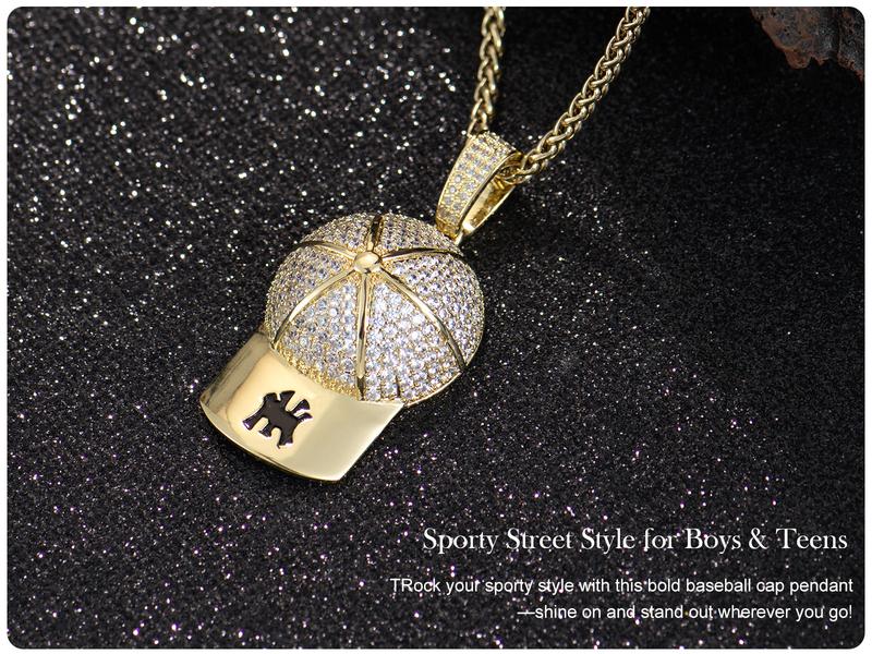 Holylegend 14K Real Gold-Plated Baseball Cap Pendant Necklace for Men and Women, Diamond-Cut Cubic Zirconia Charm, 24” Rolo Chain, Trendy Gold Plated Hip Hop Jewelry Gift