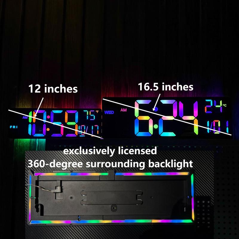 <Valentine's Day Gifts> EASYERA 12"&16.5" Large Digital Wall Clock with Remote Control, RGB Atmosphere Lights with 11 Scenes Mode, Dual Alarms with Big LED Display, Livingroom, Teacher Classroom, Office, Game Auto Dst Adjustment Timer Clock