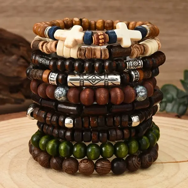 10Pcs Cross Charm Wooden Beaded Bracelet Set for Women & Men, High Elasticity & Loose Fit Handmade Stackable Jewelry, Ideal For Casual Wear & Gift Accessory
