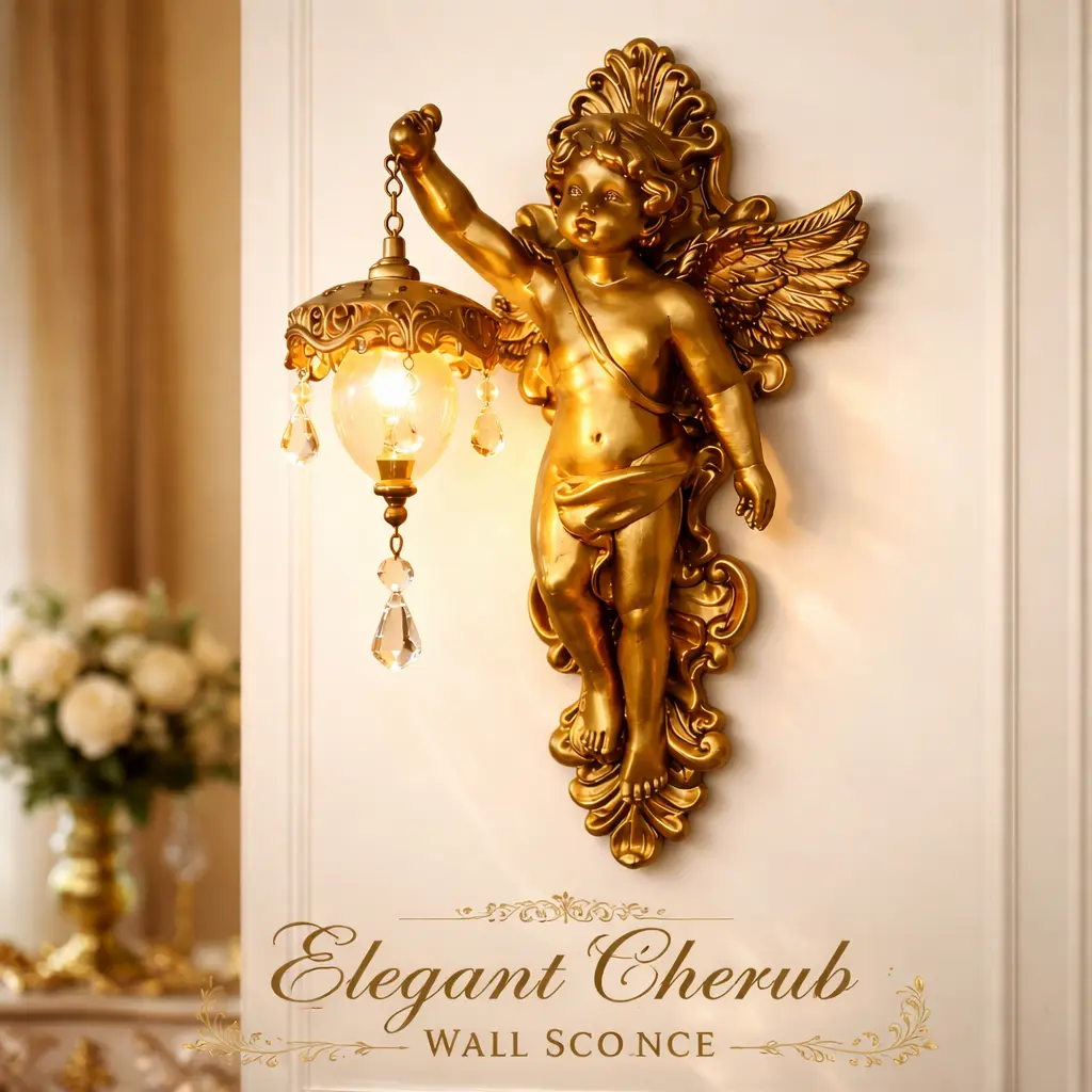 Vintage Golden Cherub Angel Wall Sconce, Resin Cupid Crystal Wall Lamp, Antique Baroque Decor Wall Light for Bedroom Hallway Living Room,Boho romantic Lights Decoration Lamp Indoor Lighting