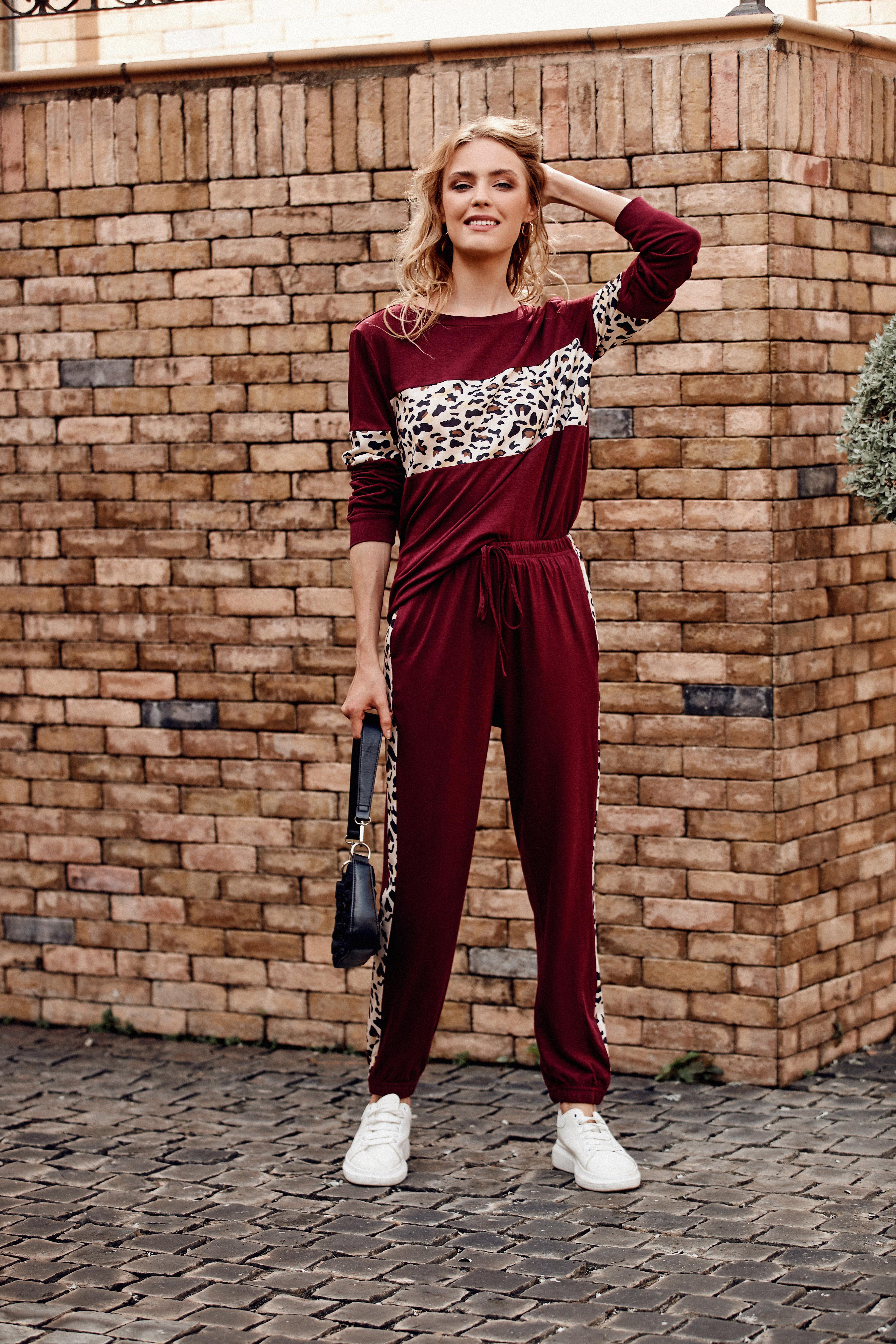 PrettyGarden Women's Leopard  Print 2 Piece Tracksuit Crew Neck Long Sleeve Tops Long Sweatpants Outfits Lounge Sets