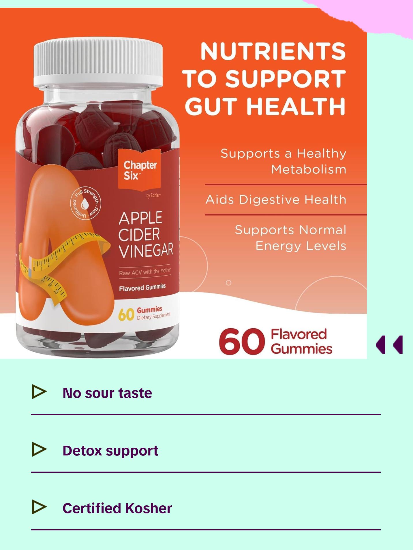 Zahler Apple Cider Vinegar Gummies Kosher & Delicious ACV for Women Men Raw with The Mother Detox Support Cleanse Gut Health Metabolism 60 Flavored Gummies - Dietary