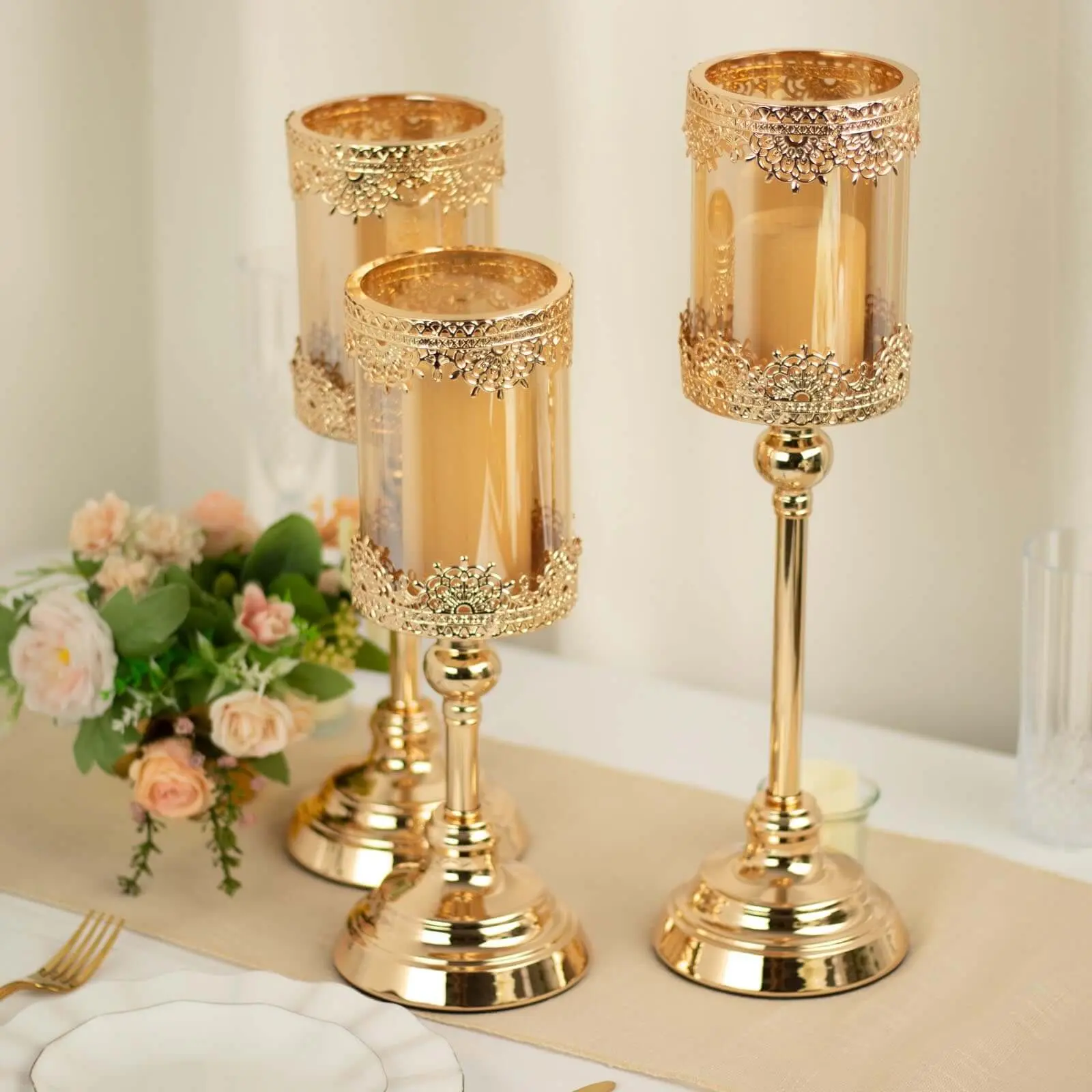 Antique Gold Lace 3-Piece Votive Candle Holder Set with Hurricane Glass Shades - 13in,15in,17in Classic Home Decor, Candle Holders for Table Centerpiece, Wedding & Anniversary Supplies, Gold Votive Candle Holders