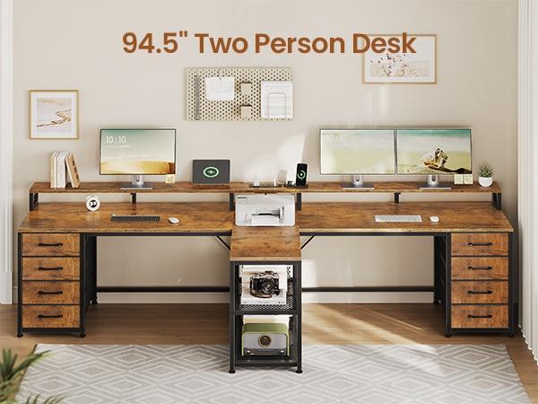 SEDETA 94.5 Inch 2 Person Gaming Desk Long Office Computer Desk with LED Lights 8 Storage Drawers Power Outlet