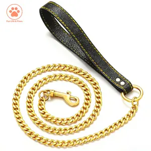 11MM Cuban Link Dog Leash, Heavy Duty Stainless Steel Dog Chain Leash with Leather Handle, 18K Gold Plated, 3.3FT for Medium & Large Dogs  Adjustable Safety Harness dog accessories dog