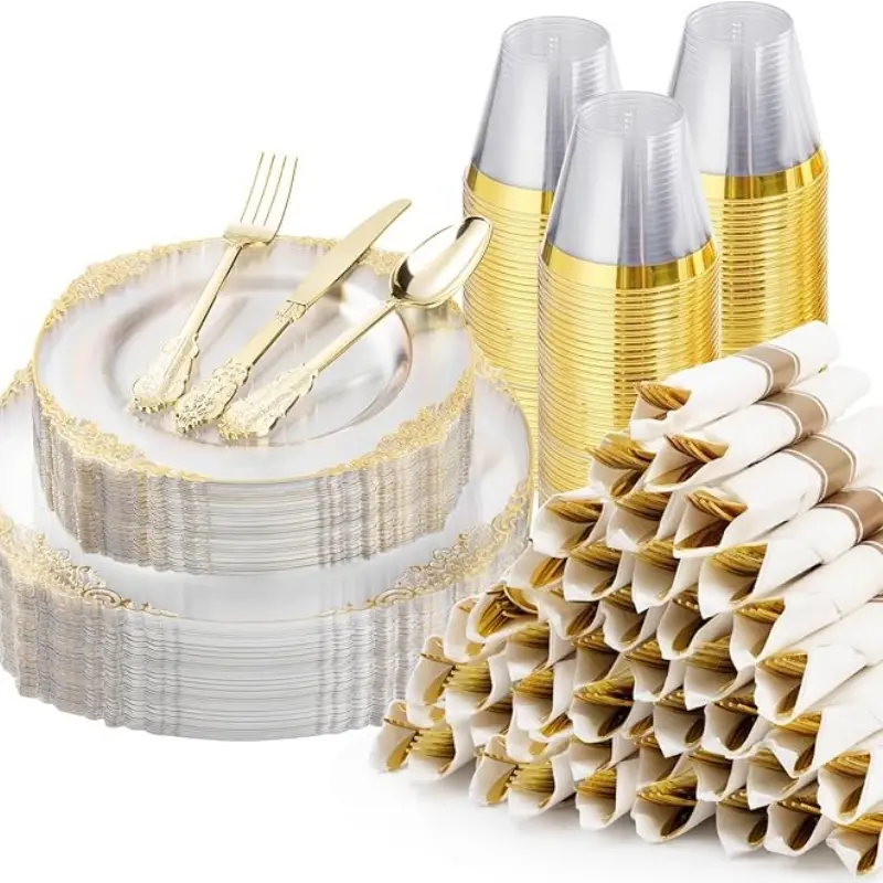 GOODLUCK 350-Piece Clear Gold Party Dinnerware Set for 50 Guests, Disposable Plates Cups Cutlery and Napkins