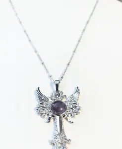 Winged Cross Amethyst Necklace – Stainless Steel Chain – Angel Wing Cross Pendant – Natural Amethyst Crystal Jewelry – Spiritual Gothic Necklace