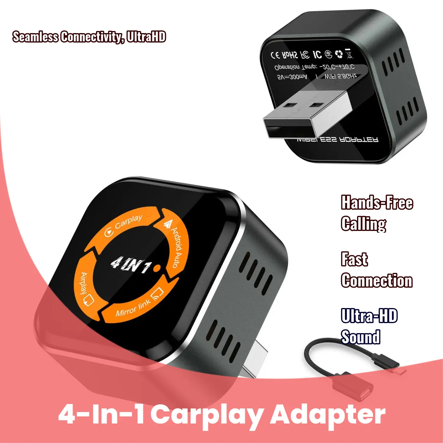 4-in-1 Wireless Bluetooth 5.0 USB-C Car Adapter - Fast Connection, Seamless Connectivity, CarPlay, Android Auto, AirPlay, Screen Mirroring, Hands-Free Calling, Ultra-HD Stereo Sound for Car Stereo Digital Media Receivers, Auto Android Auto, 4-In-1 Carplay