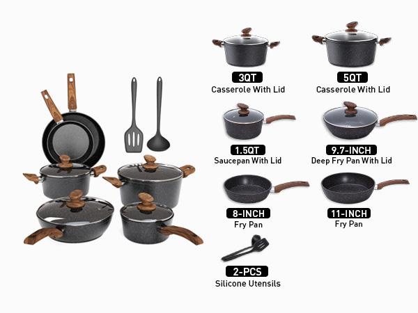 Kitchen Academy Granite Pots and Pans Set Non Stick, 12 Piece Cast Induction Cookware Set, Black Nonstick Kitchen Cooking Set w/Frying Pans & Saucepans(PFOS,PFOA,PFAS,PTFE Free)