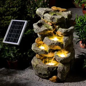 Solar Water Fountain Outdoor Garden,5 Tiered Cascading Rock Solar Powered Water Fountain Water Fall Fountains Outside with Lights for Backyard, Patio, Deck, Porch, 19.3" H x 12.2" L x 9.5" W Outdoor Garden Fountain