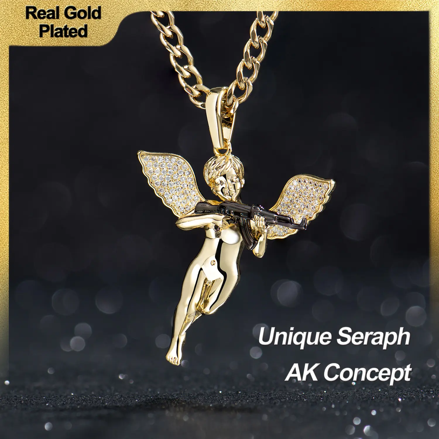 Holylegend 14K Real Gold-Plated Seraph Angel Pendant, 3D Design with Black AK-Style Accent, CZ Wings, Irresistible Love and Power Inspired, 24 in Chain Mothers Day Gift,Father's Day Gift