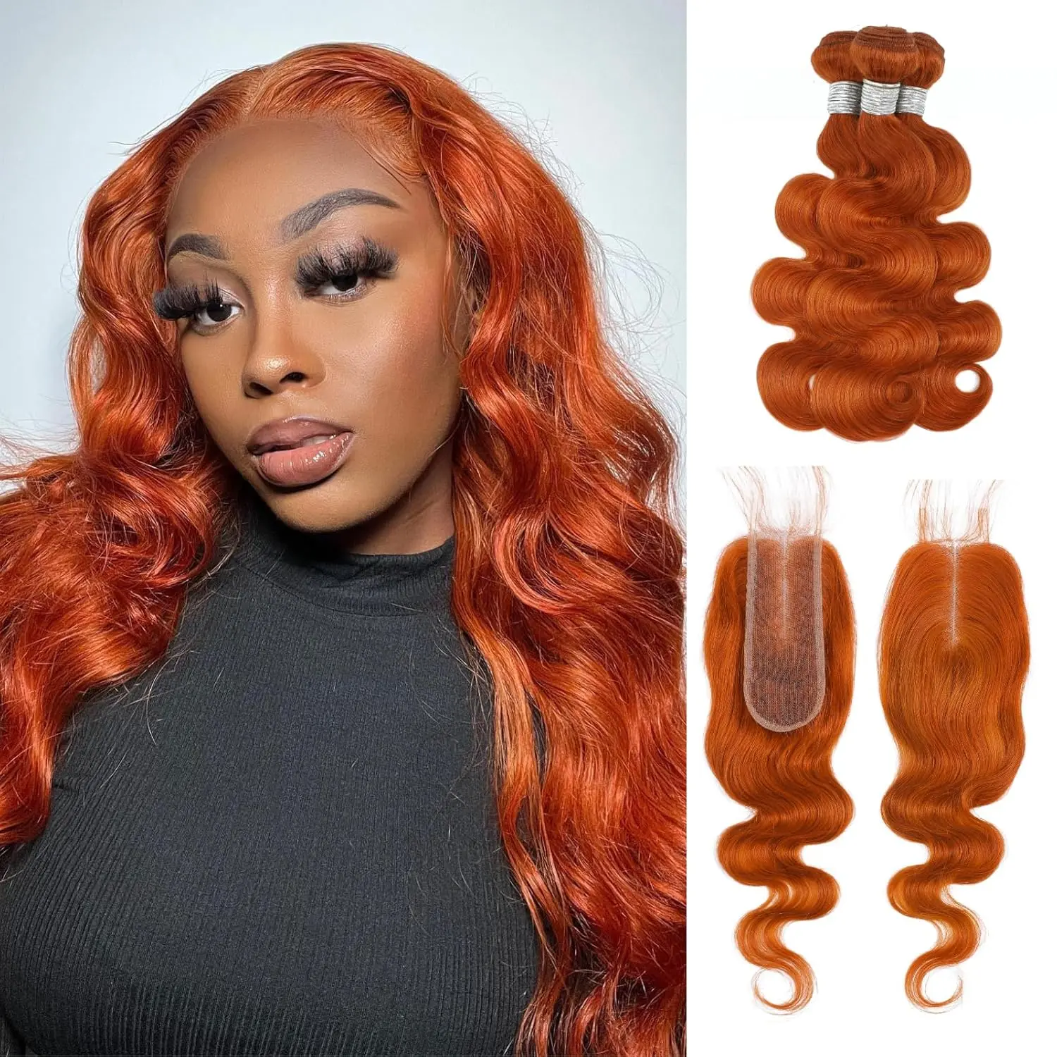ANMETAN 350 Ginger Orange Body Wave 3 Bundles with HD Closure, Colored Bundles with Free Part Lace Closure Pre Plucked, 12A 100% Unprocessed Brazilian Virgin Human Hair