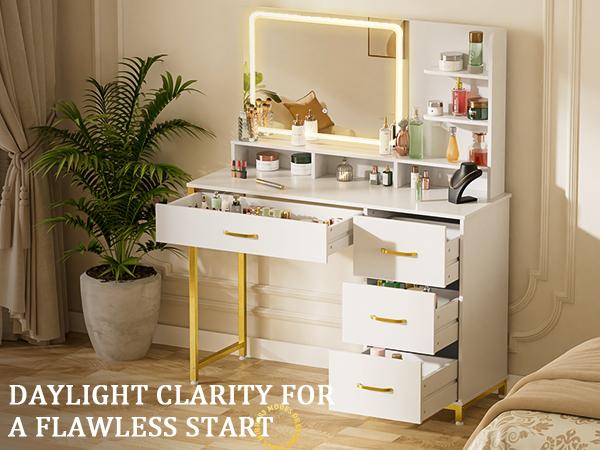 COMHOMA Vanity Desk with Mirror and Lights Makeup Vanity Table with 4 Drawers & Storage Shelves Large HD Mirror 3 Color Modes & Adjustable Brightness Modern Dressing Table for Bedroom Pearl White COMHOMA Vanity Desk with Mirror and Lights Makeup Vanity Table with 4 Drawers & Storage Shelves Large HD Mirror 3 Color Modes & Adjustable Brightness Modern Dressing Table for Bedroom Pearl White