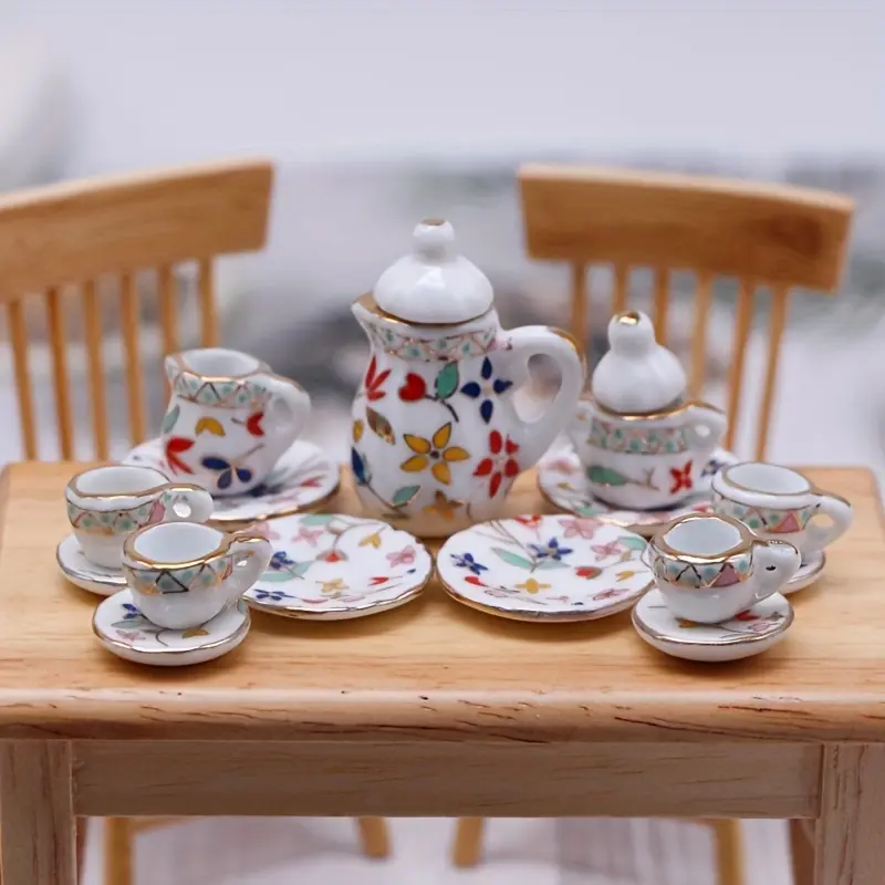 15pcs Ceramic Tea Set Miniature Kitchenware Model Pretend Play Set Play Kitchen Accessories for Dollhouse Dining Scene DIY, Perfect Christmas New Year Gift, Playhouse Accessories
