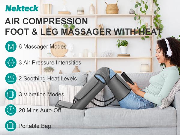 Nekteck Leg Massager for Circulation and Pain Relief Air Compression Foot Calf Thigh Massager with 2 Heat and 3 Vibration 6 Modes 3 Intensities