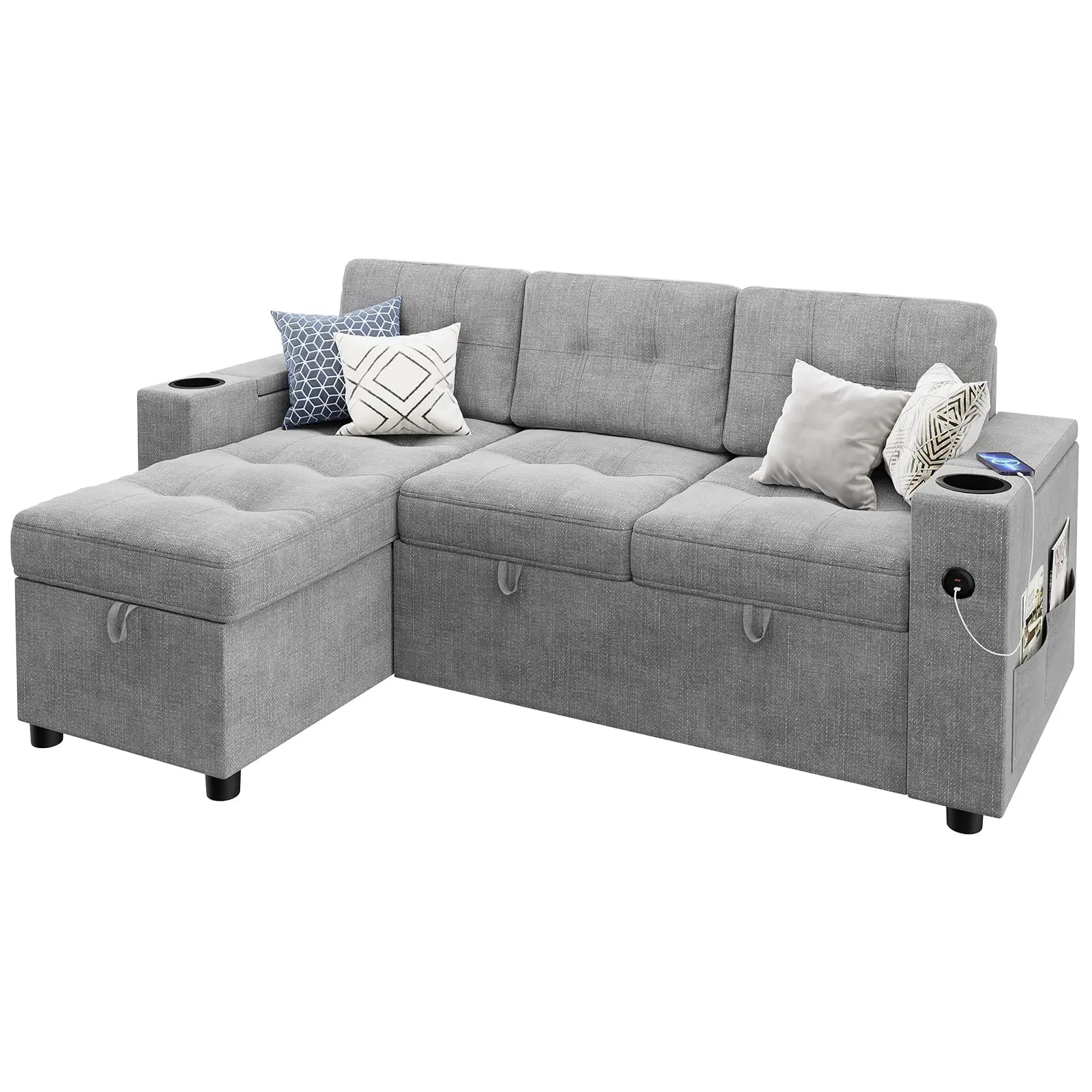 Garvee 84" L-Shaped Sectional Sofa Bed with High-Density Sponge, Pull-Out Bed, Reversible Storage Chaises, Hidden Armrest Storage, Cup Holders, and USB Charging Ports for Living Room