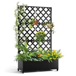 Garvee Metal Planter Box with Diamond Lattice Trellis - 183x120cm Galvanized Raised Garden Bed on Wheels for Climbing Plants and Vines, Black Finish