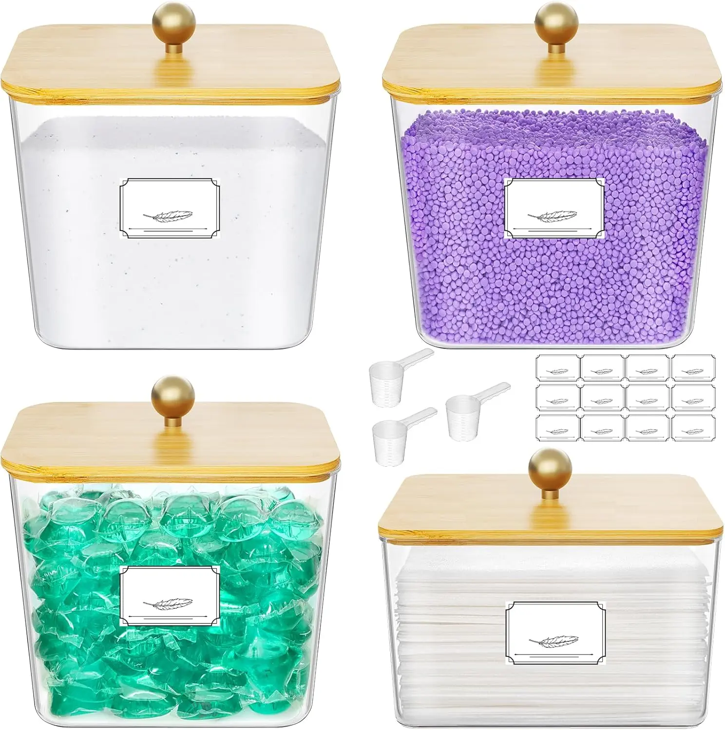 4-Pack Laundry Pods Container & Dryer Sheet Holder, Acrylic Square Laundry Room Organization and Storage Jars with Wooden Lids & Labels for Powder, Scent Booster, Detergent,dorm room inspo,college dorm essentials,dorm haul