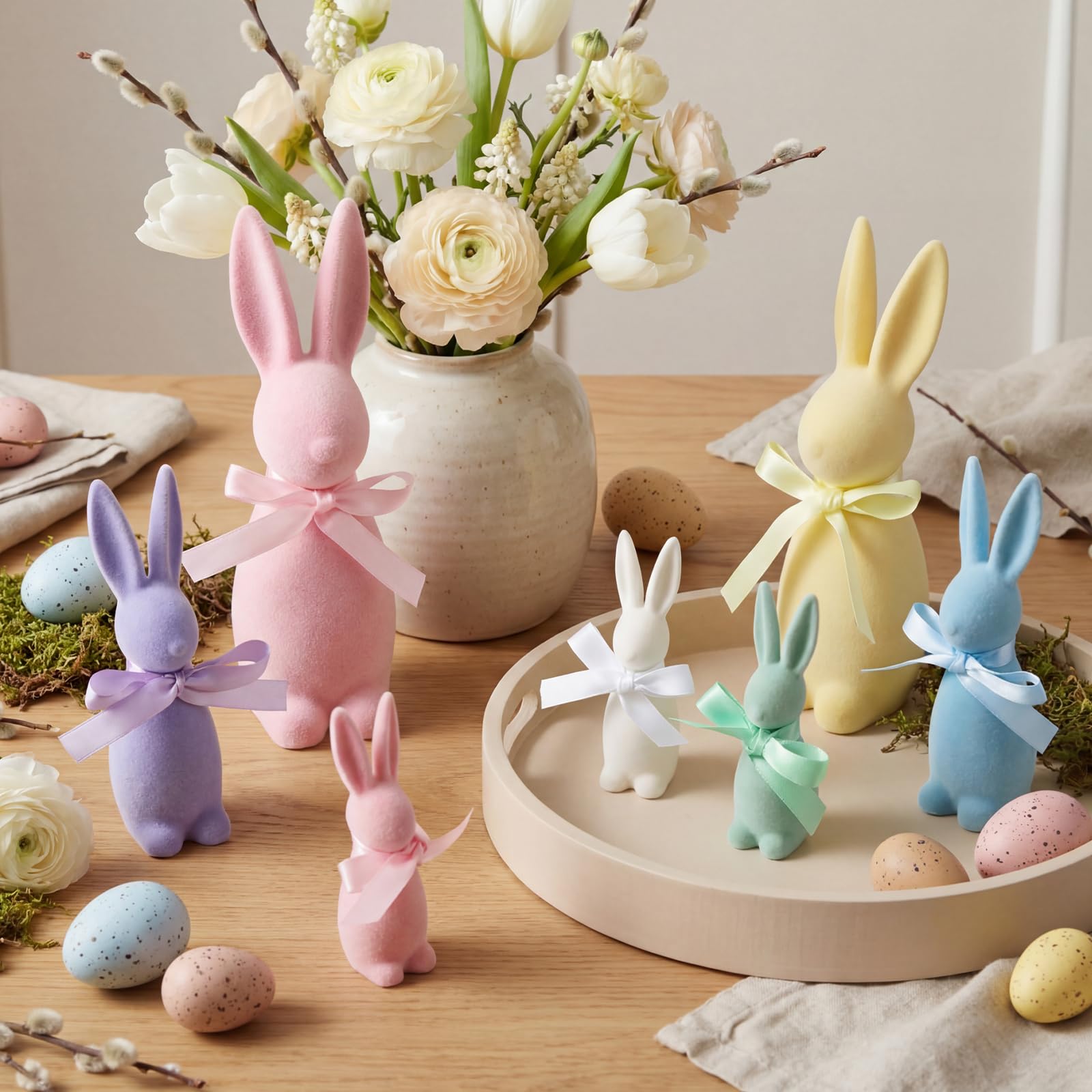 Pastel Flocked Easter Bunny Figurines - 7/6/4 Pcs Cute Velvet Rabbit Statues Set with Bow Ties, Adorable Easter Decor 2026 Bunny in Multiple Sizes & Poses for Tiered Tray Decor Spring Table Centerpiece Shelf Mantel Display Home Party Gifts Basket Stuffers