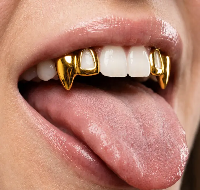 14K Gold Plated Teeth Double Open Face Fangs Grillz Set