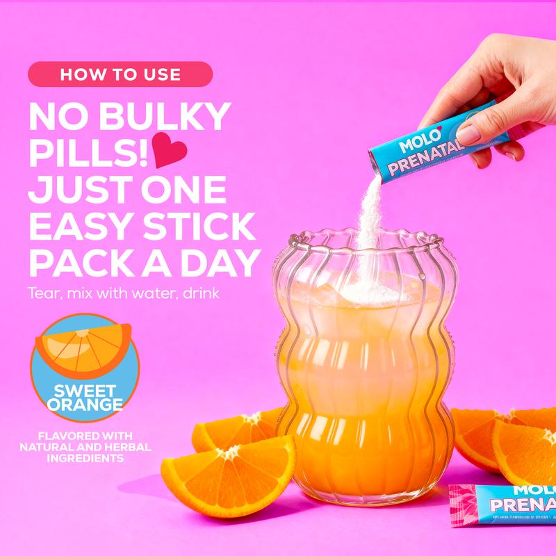 MOLO Prenatal Multi-Vitamin Drink Mix for Women – Packed with essential vitamins & antioxidants, DHA Omega-3, Methylfolate, CoQ10, & Iron – 30 Stick Packs with Sweet Orange Flavor – Vegetarian, Gluten-Free & Non-GMO