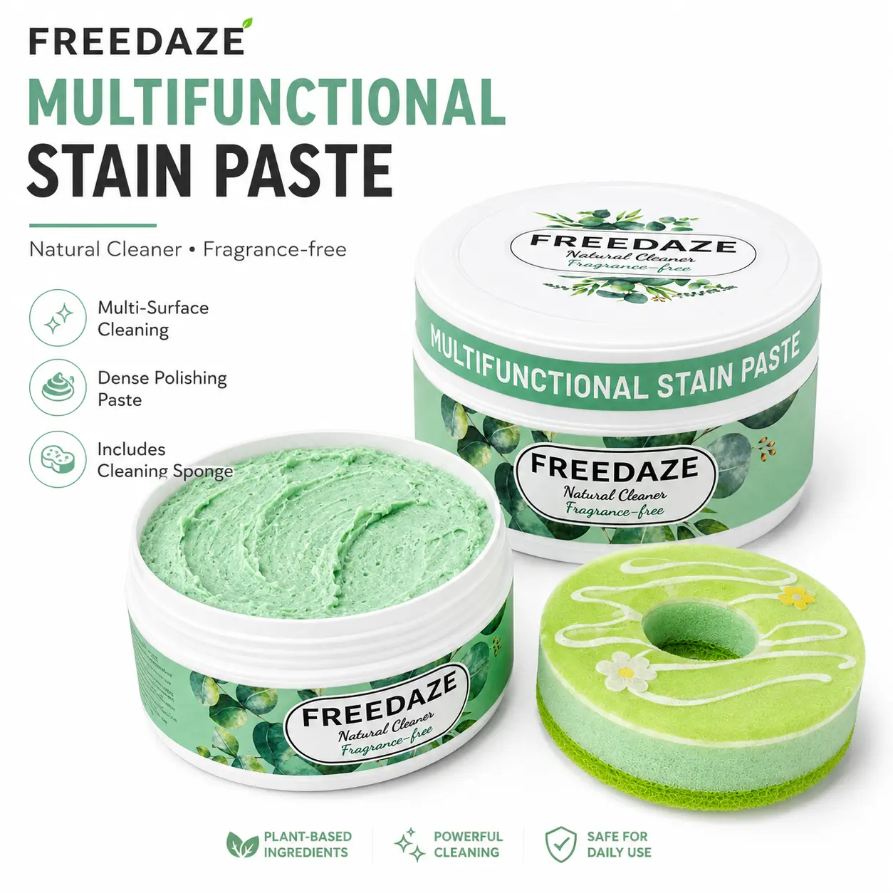FREEDAZE All Purpose Cleaning Paste (300g) - Natural Fragrance-Free Home Cleaning Supplies, Grease Stain Remover, Household Cleaning Products, Includes Sponge for Stovetop, Oven
