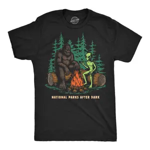 Mens Funny T Shirts National Parks After Dark Sarcastic Bigfoot Alien Graphic Novelty Tee for Men Mens Funny T Shirts Cool Vintage Fashion T-Shirt Gift Classic Menswear Sarcastic Apparel for Men Funny Camping Black -