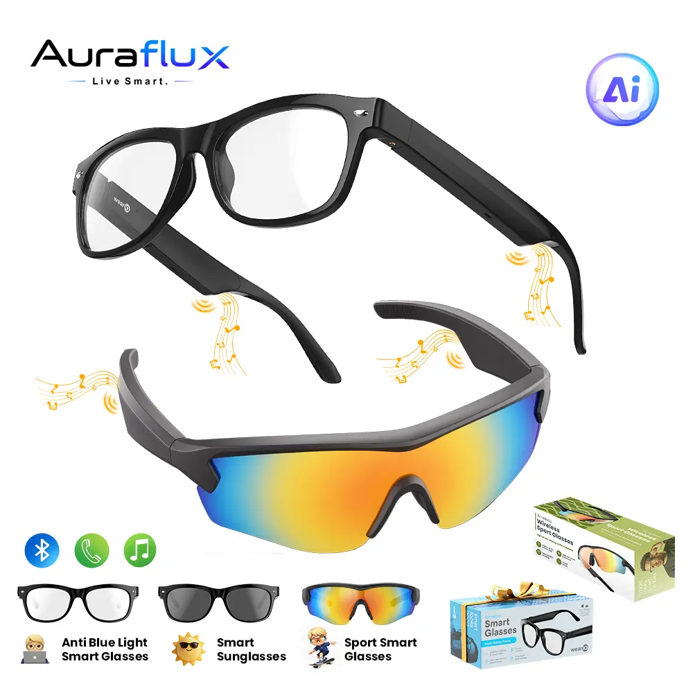 Auraflux AI Blue Light Blocking Smart Glasses & Sport Smart Sunglasses,AI Translation Wirless Audio Bluetooth Smart Glasses,ChatGPT,Built-in Mic & Speakers, HD Calling, 10H Music, Wireless Wearable,For Sports&Travel,Digital Eye Strain Relief,Driving