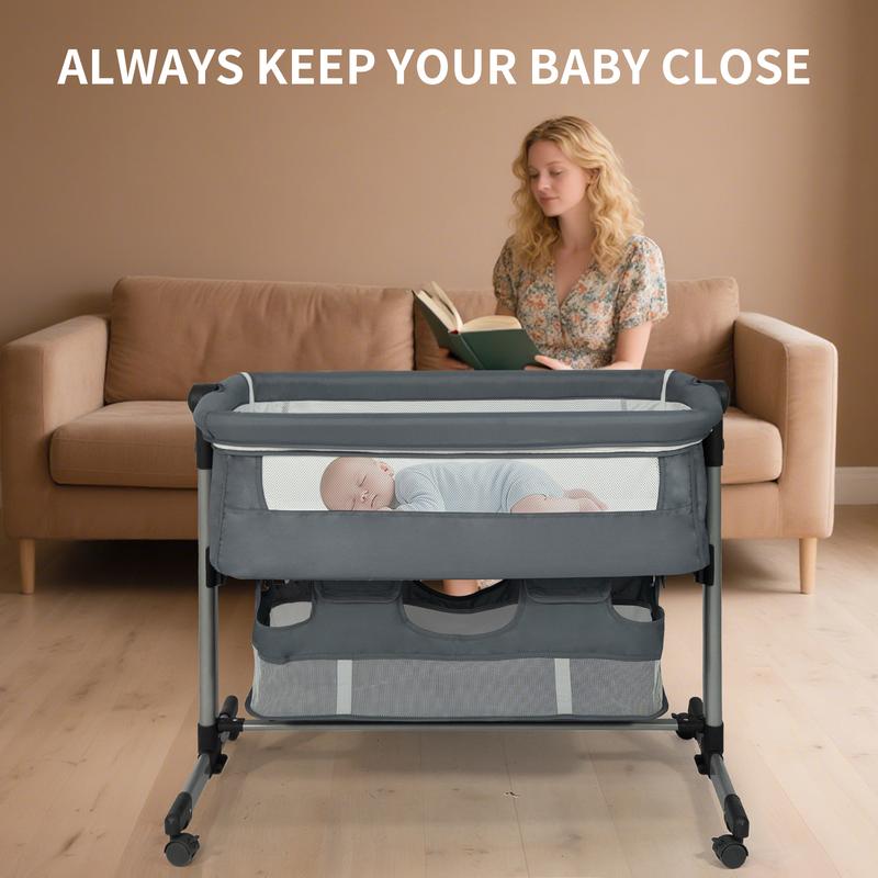 Baby Bassinet Bedside Crib Sleeper, Rocking Bassinet with Breathable Mesh Mattress Mosquito Net Adjustable Height Storage Net Bag Wheels Easy Folding Portable Bed for Infant Newborn