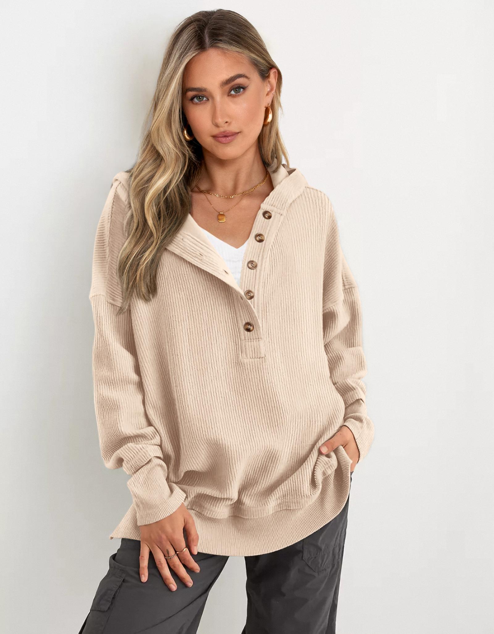 PRETTYGARDEN Womens Fashion Long Sleeve Hoodie Oversized Button Up V Neck Sweatshirt Side Slit Casual Pullover Tops for Fall Cozy Goals