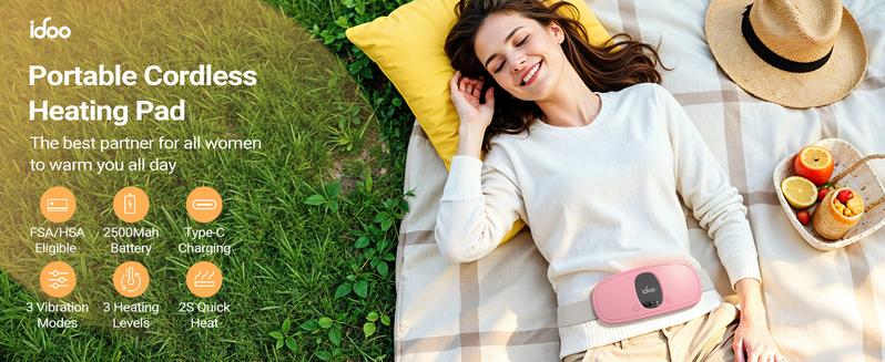 IDOO Portable Cordless Heating Pad, Valentines Day Gift, Triple Vibrating Waist & Abdominal Massager for Cramps Relief, 5S Fast Heating, Perfect Gift for Women, Period Cramp Solution, Endometriosis Pain Relief