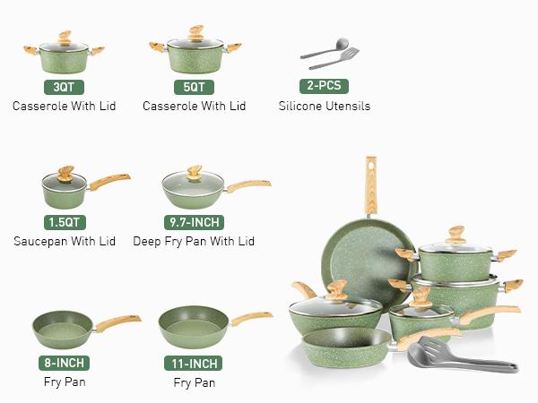 [New Colors] Kitchen Academy 12 Piece Nonstick Pots and Pans Set, Non Stick Induction Cookware Set, Kitchen Cooking Set, Frying Pans Saucepans, Silicone Steel Aluminium Glass Lid Stove