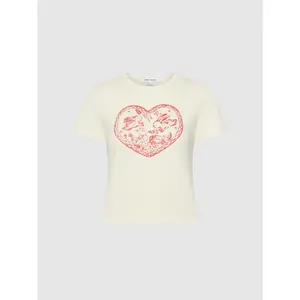 URBAN REVIVO Women's 2026 Spring Printed Cropped Round Neck T-Shirt - Fits Well, Soft Fabric, Heart-Patterned Single Piece Fashion Top