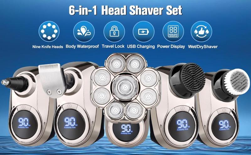 DIHOOM 9D Electric Head Shaver for Bald Men, Upgraded 6-in-1 Head Shaver for Bald Men, Waterproof Wet/Dry Grooming Kit Electric Shaver for Men, Cordless Rechargeable Bald Head Razor for Home&Travel