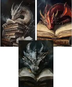5D Diamond Painting Kit for Adults, 1/3/6-Pack Fantasy Dragons with Ancient Books, DIY Mystical Art Craft Bundle for Book Lovers, Gothic Home Decor