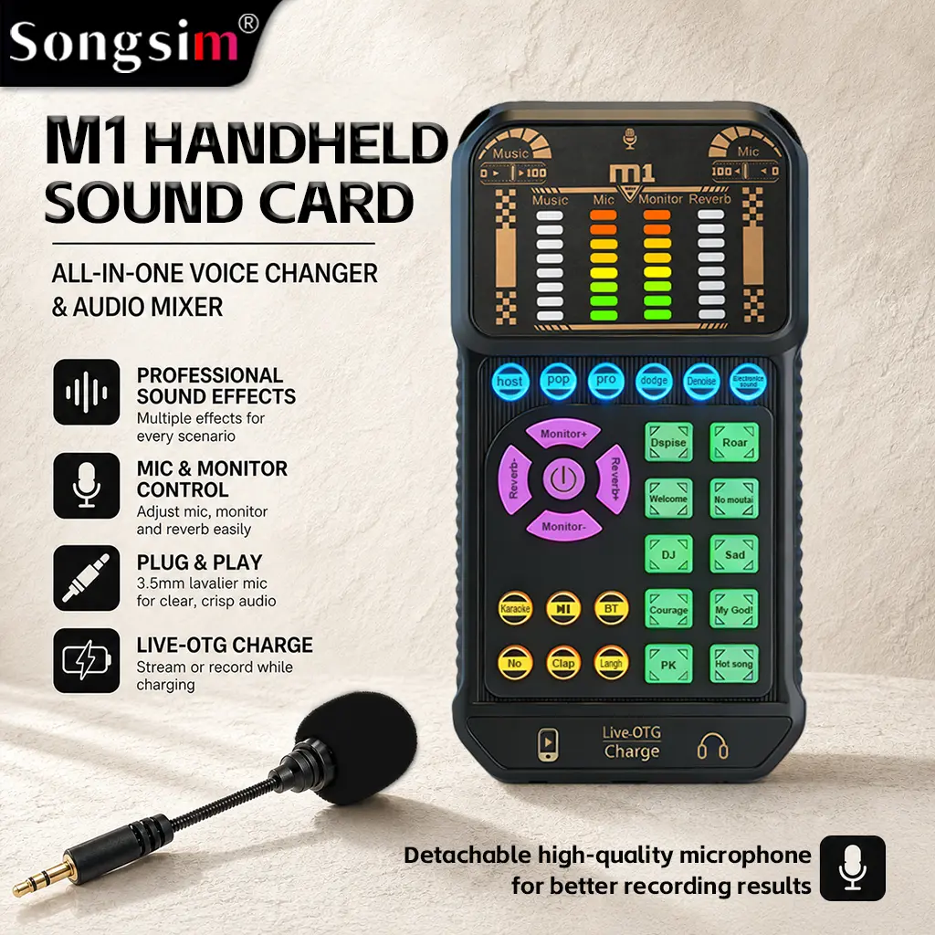 Songsim M1 Handheld Live Sound Card - All-in-1 Mini Mixer Voice Changer Device with Detachable Mic, Bluetooth OTG Charging Audio Interface, Phone Support for Live Streaming, Karaoke Recording, All-In-One