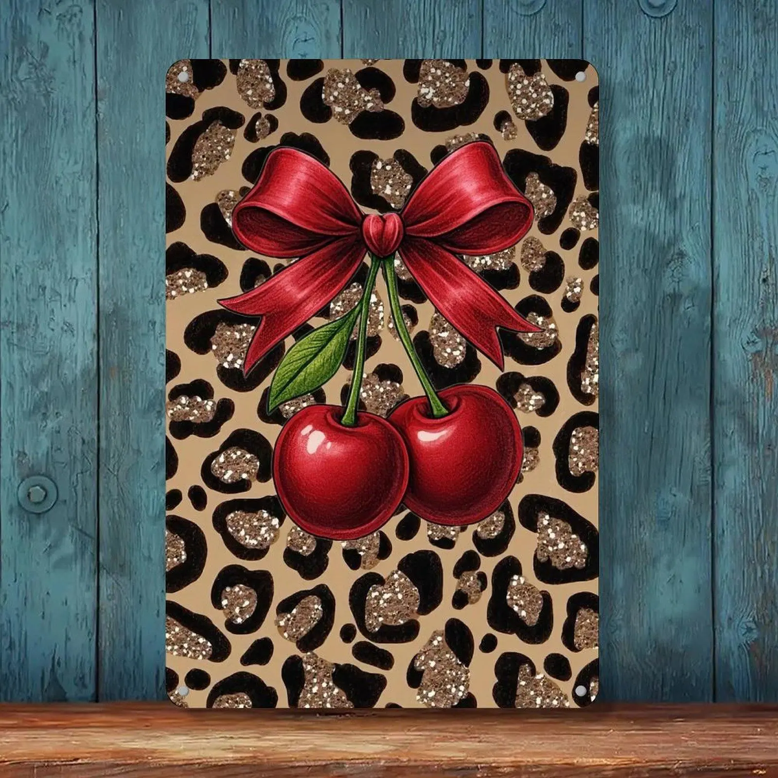 Red Bow Cherries Glitter Leopard Print Y2K Cute Retro Tin Sign 8x12in Girly Bedroom Aesthetic Wall Decor Metal Tin Sign