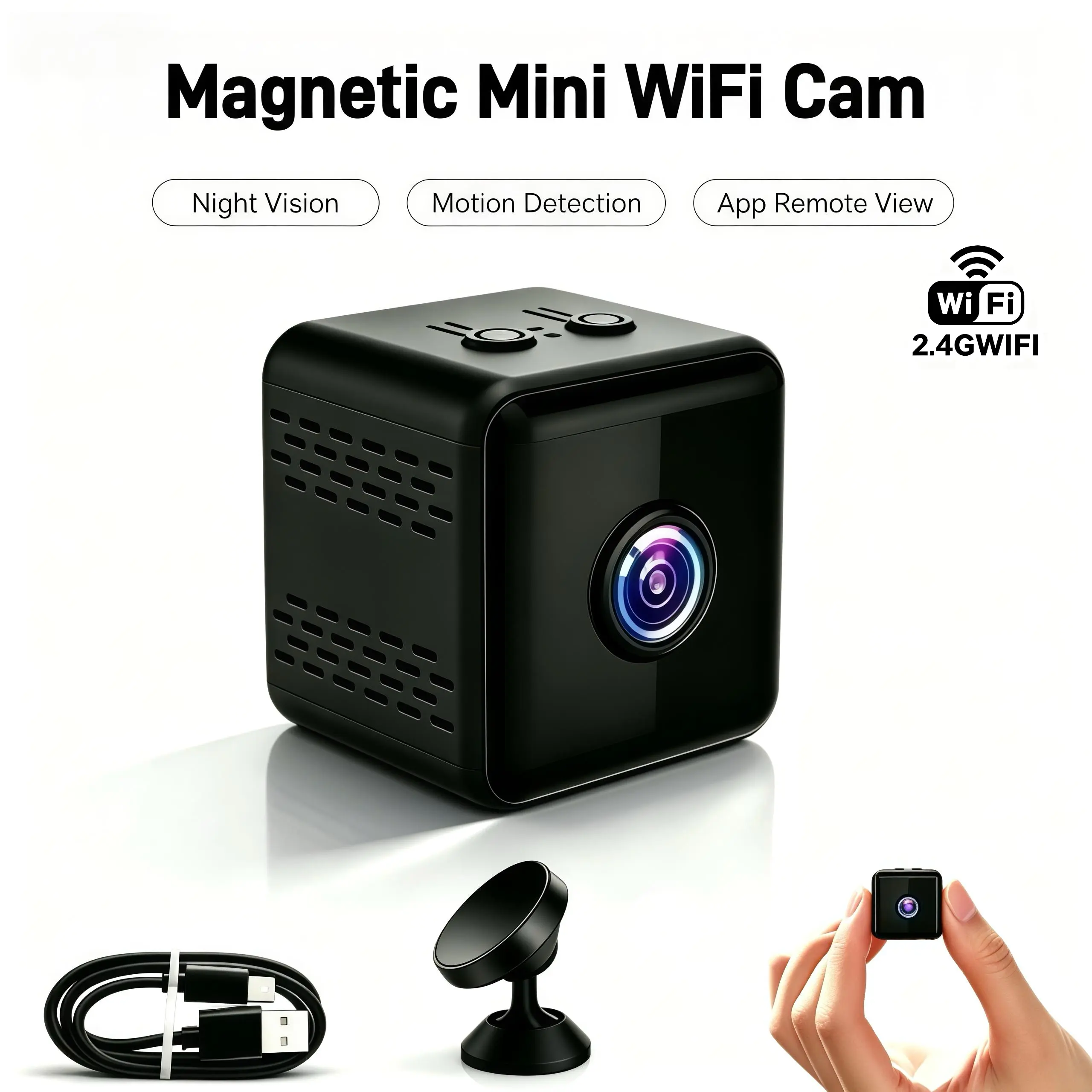 Indoor Home Security Camera with 2.4GHz Wi-Fi, Magnetic Mount, USB Rechargeable Cells, Night Vision, Motion Sensor, App Control, Local Recording, SD/Cloud Storage for Office, Home Cameras Indoor