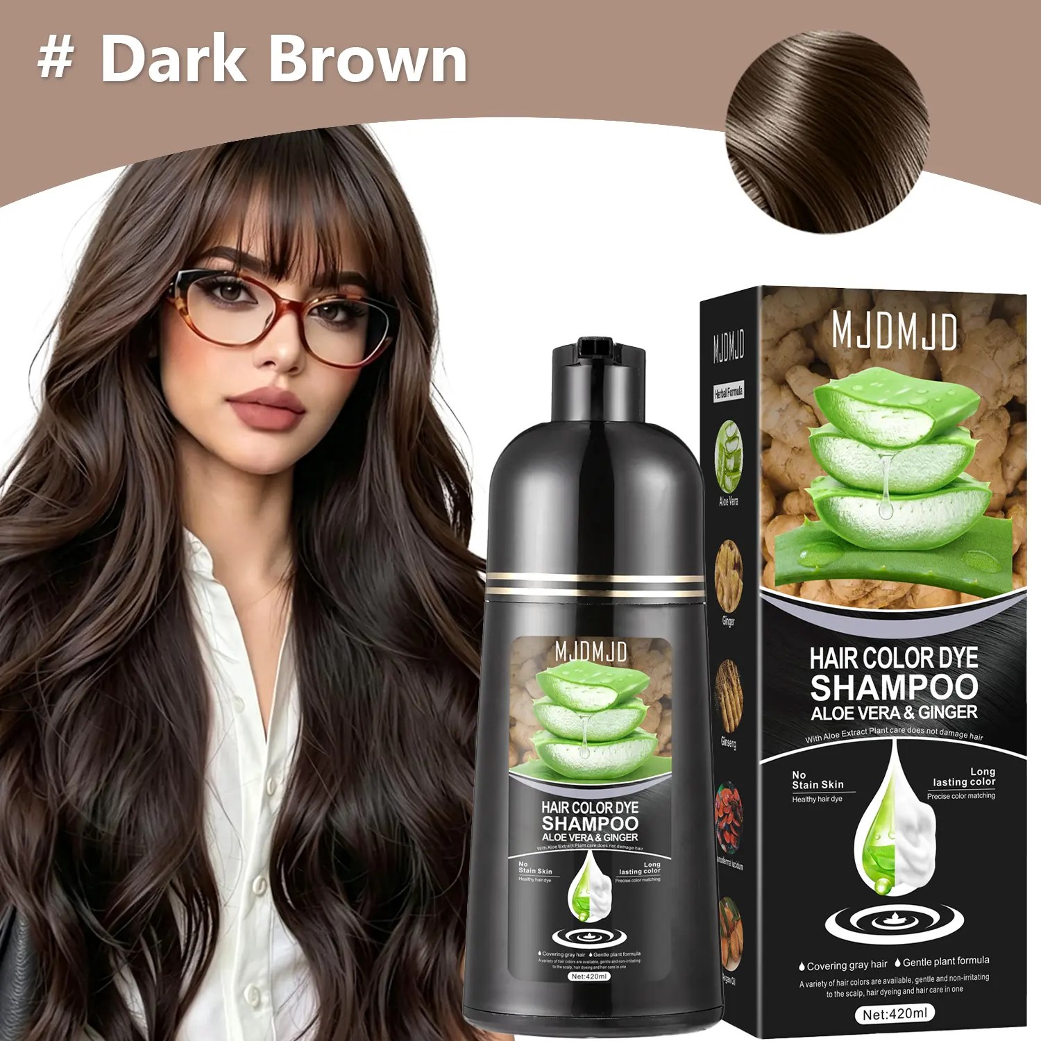 Dark Brown Hair Dye Shampoo with Aloe Vera & Ginger, Gray Coverage & Root Touch Up, Nourishing Hair Color Shampoo, Easy At-Home Use for Women & Men, Long-Lasting Color, 420ml