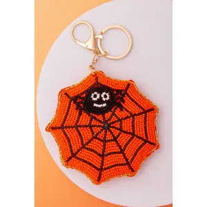 Anna Halloween Seed Beaded Orange & Black Spider Web Keychain