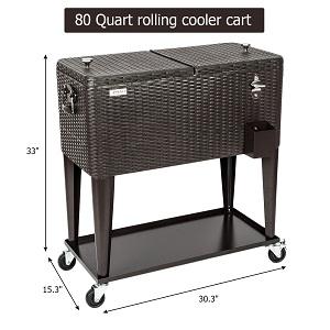 VINGLI 80 Quart Rolling Ice Chest, Portable Patio Party Bar Drink Cooler Cart, with Shelf, Beverage Pool with Bottle Opener (Brown)